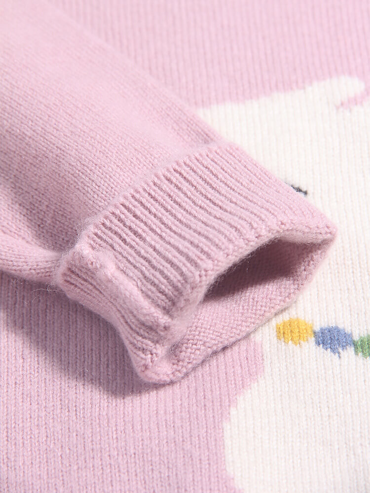 Deer and Heart Knit Soft Pink Cashmere Pullover Sweater for Girl
